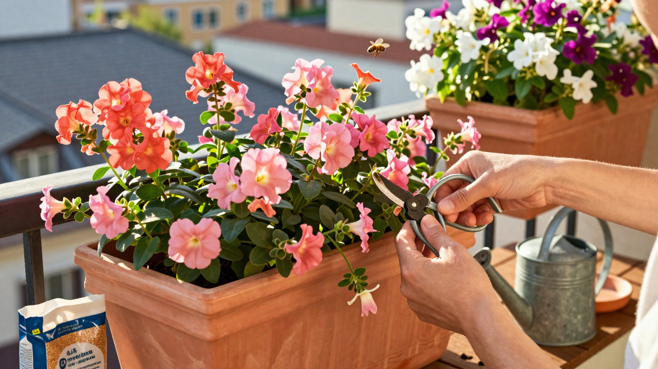 Person pruning pink and orange flowers in a terracotta pot on a sunny balcony with a watering can nearby.