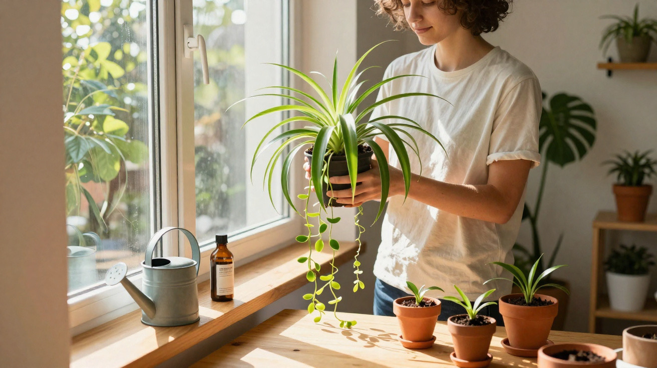 Person holding a potted spider plant by a window with several small potted plants on a wooden table nearby.