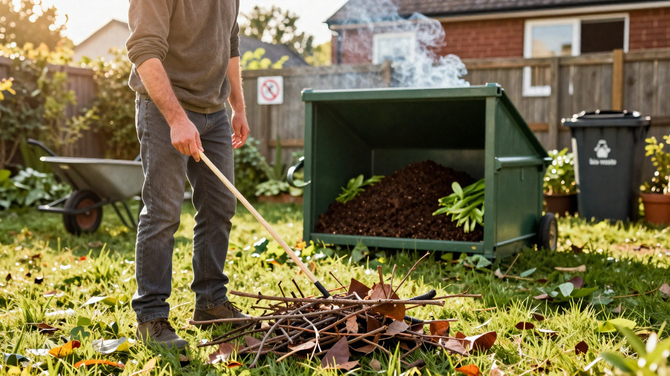 Person raking dry leaves and twigs into a pile in a sunny garden with compost bin and wheelbarrow.
