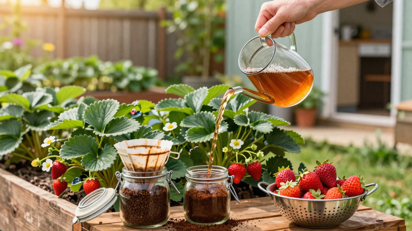 Hand pouring coffee from glass pot into jar beside strawberry plants and fresh strawberries in colander outdoors.