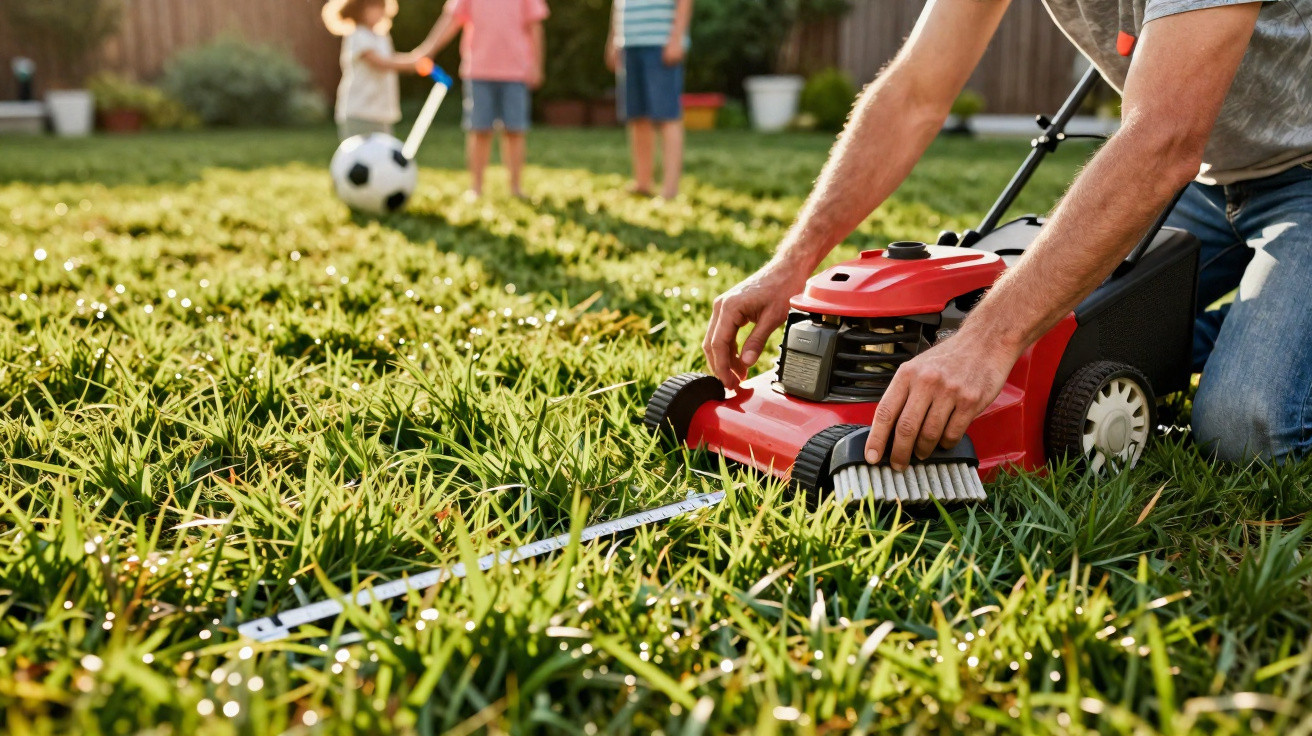 Person adjusting a red lawn mower on grass with three children playing with a football in the background