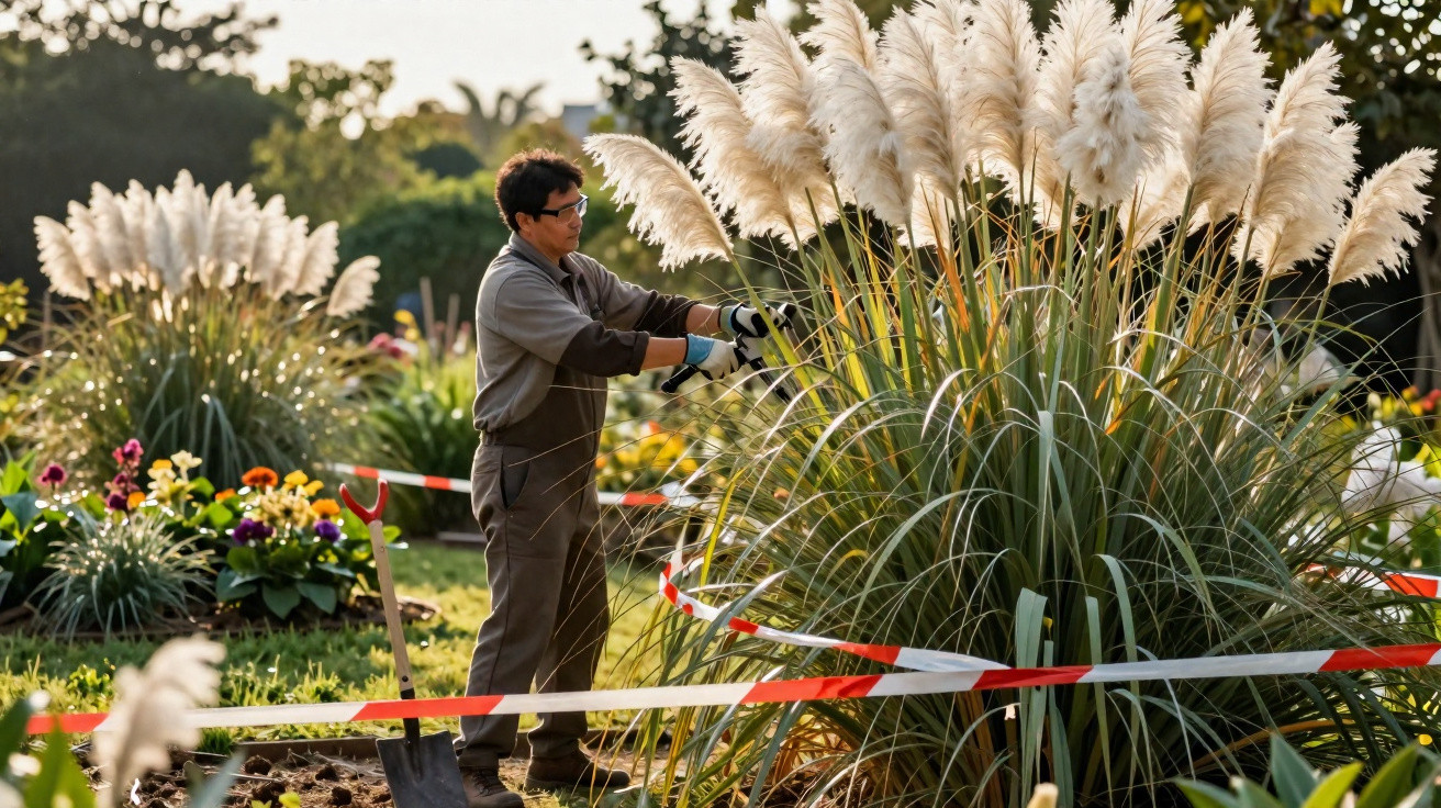 Gardener trimming large pampas grass surrounded by flowers and red-white caution tape in a sunny garden.