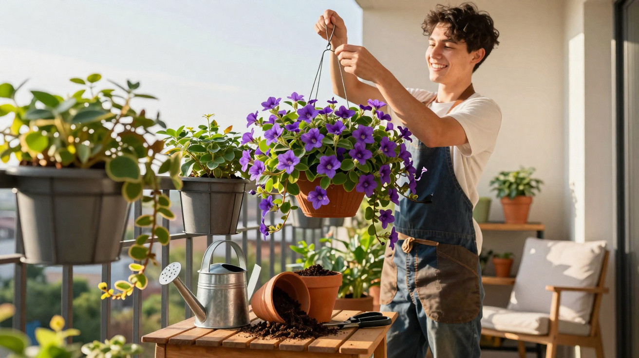 Young man in apron hanging a purple flowering plant on a balcony with gardening tools and pots nearby.