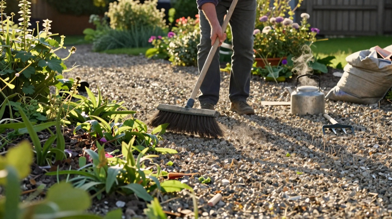 Person raking gravel in a garden with flowering plants and gardening tools nearby on a sunny day.