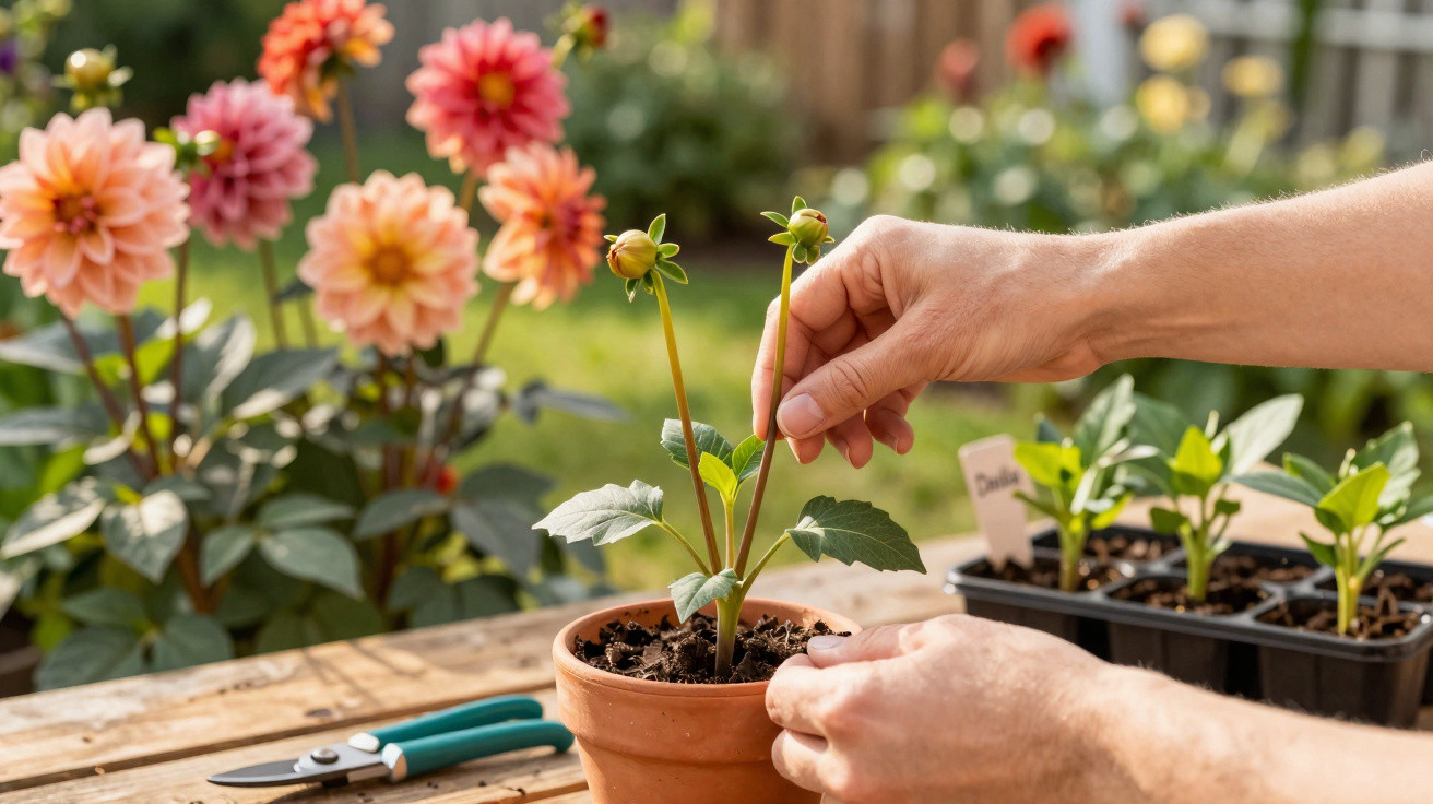 Hands tending to a young potted plant with blooming flowers in a garden setting on a wooden table.