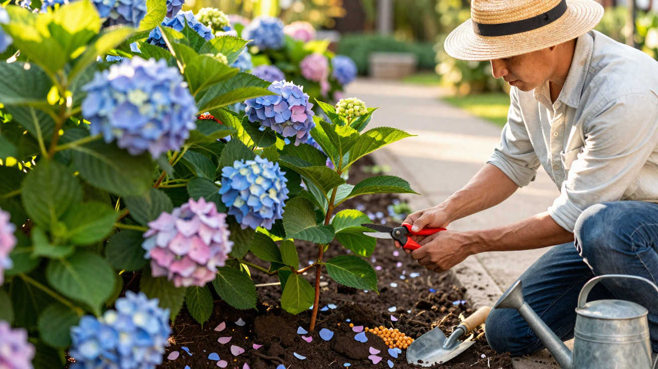Person wearing a straw hat pruning blooming hydrangea flowers in a garden on a sunny day.