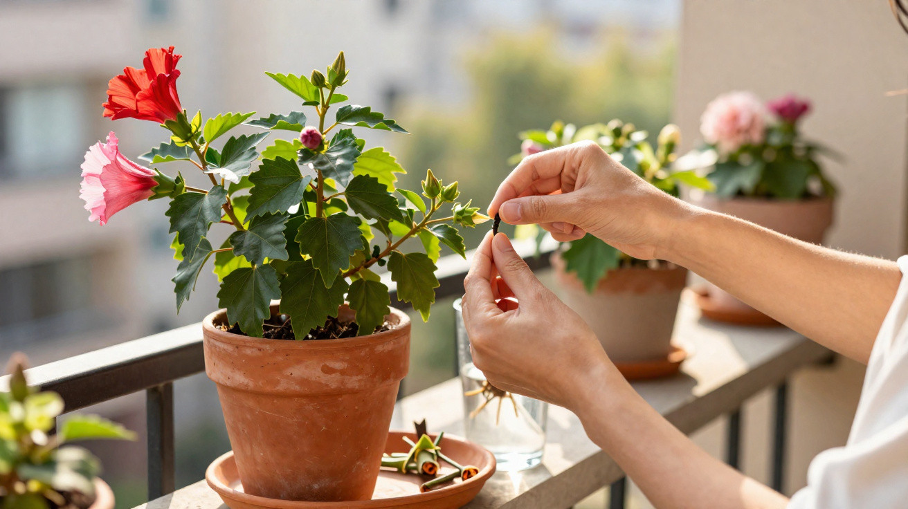 Hands crafting star-shaped ornaments with green stems beside flowering potted plants on a balcony railing.