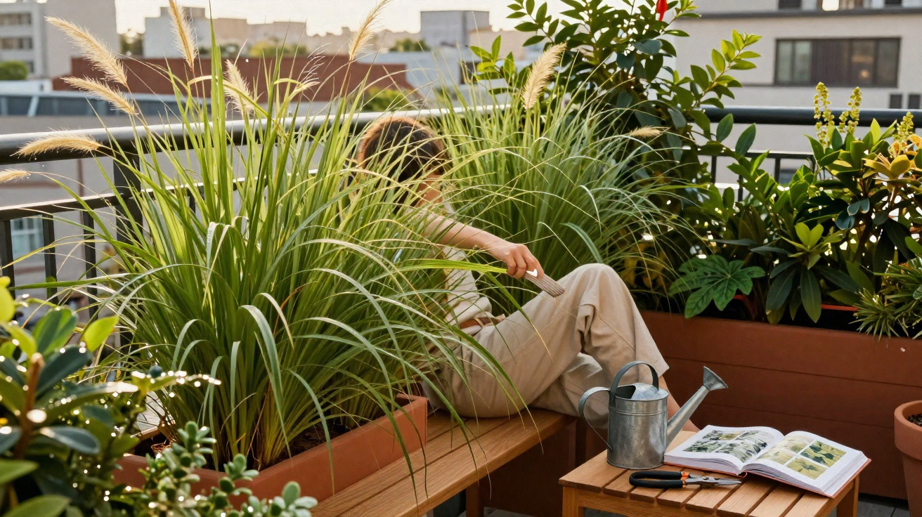 Person relaxing on a balcony bench surrounded by potted plants with gardening tools and a book on a small table.