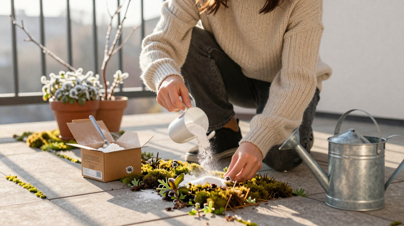Person in a beige sweater sprinkling white powder on a small garden patch on a balcony with plants and a watering can.