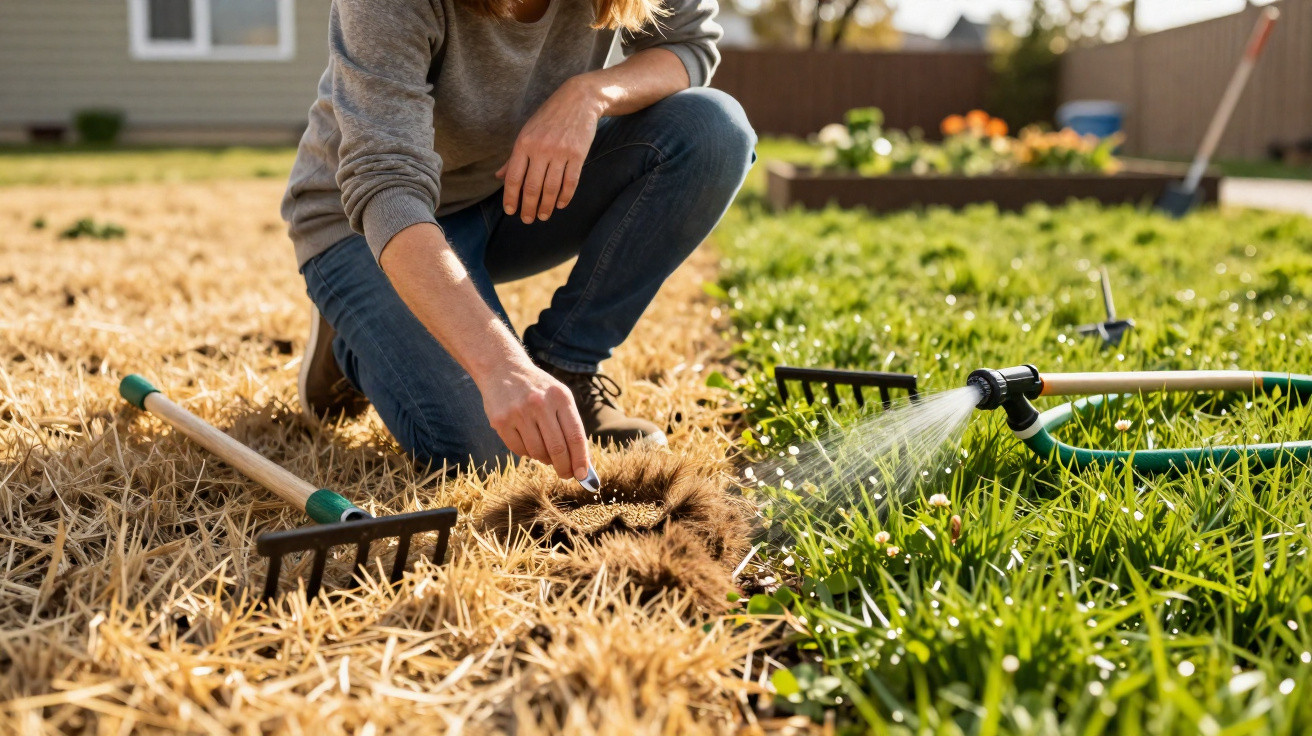 Person planting seeds in a garden bed with straw mulch, watering nearby grass with a garden hose and tools around.