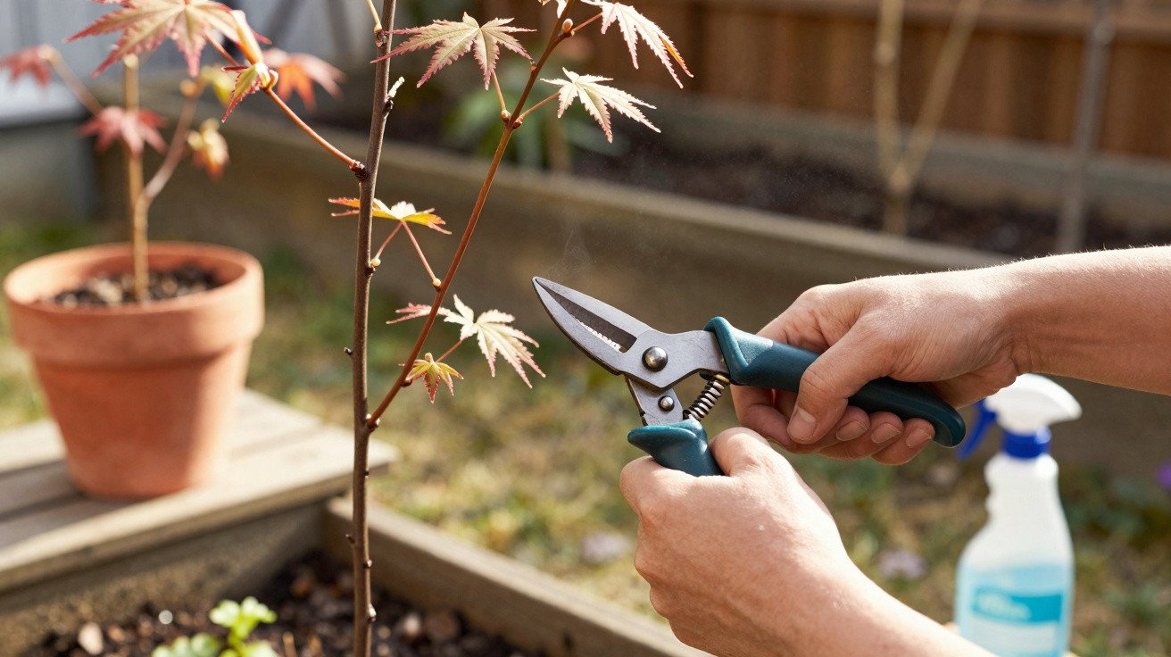 Hands holding pruning shears trimming a young maple tree branch in a garden.