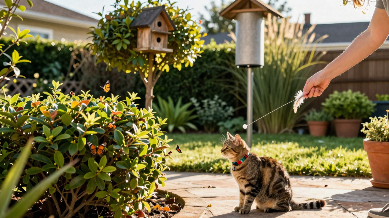 Tabby cat with collar playing with feather toy in sunny garden near birdhouses and butterflies.