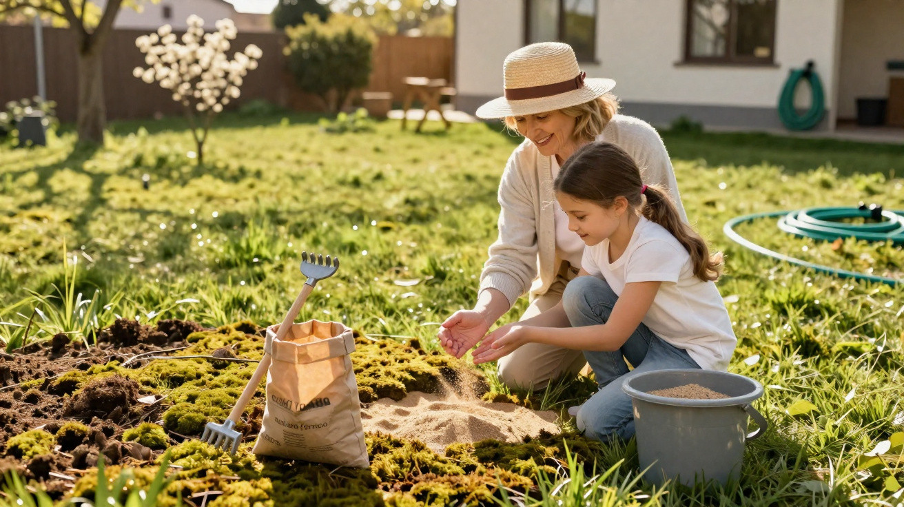Woman and girl gardening together in a sunny backyard with soil, rake, and gardening tools.
