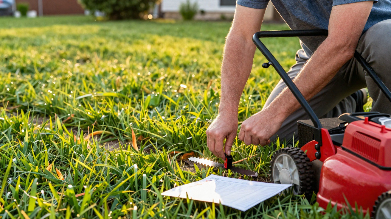 Person kneeling on grass adjusting a red lawn mower with a checklist on the ground nearby.
