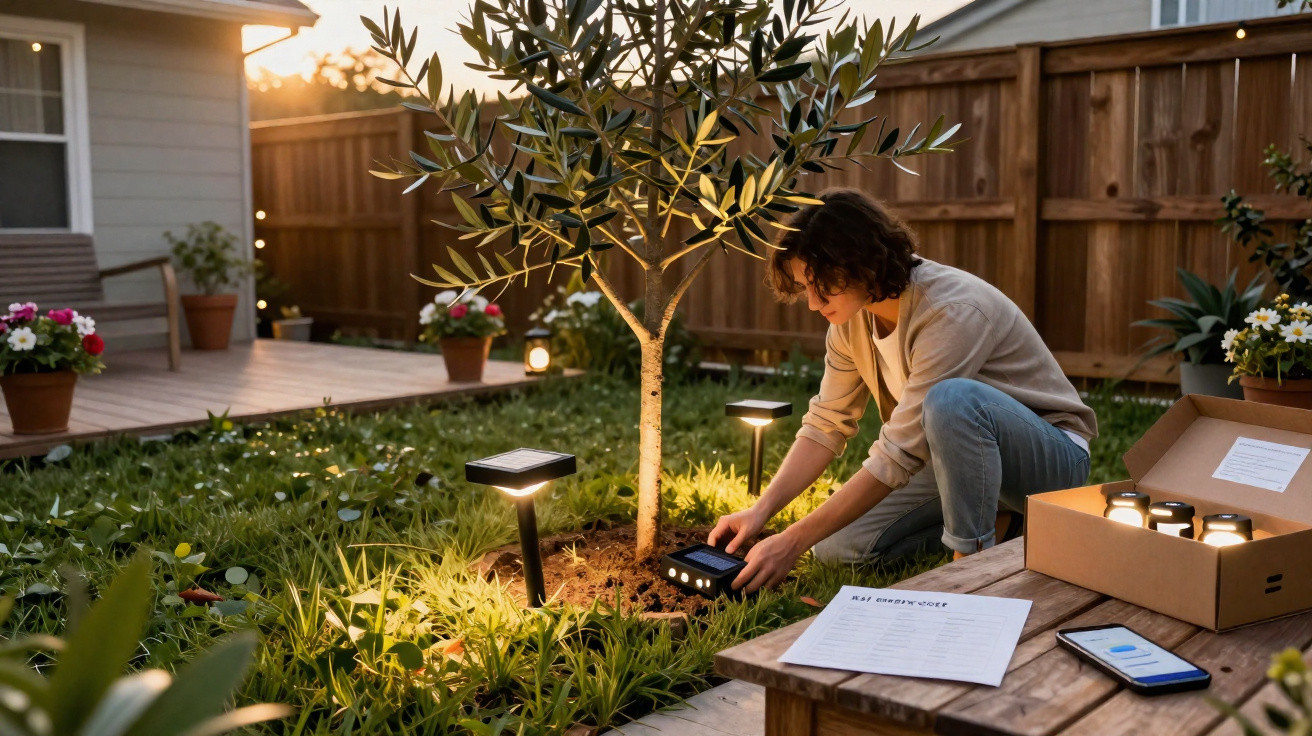 Person installing solar garden lights around a tree in a backyard during sunset with tools and instructions nearby.