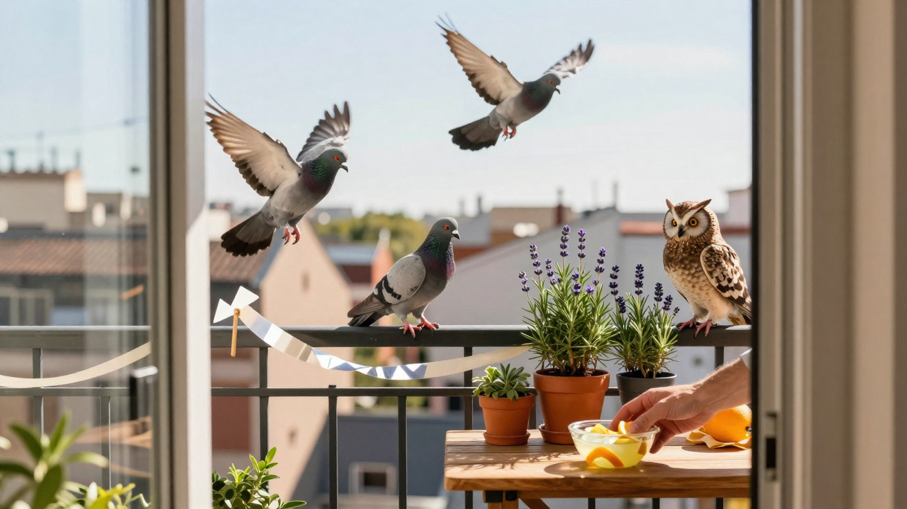 Three pigeons and a small owl on a balcony railing next to potted plants and a person’s hand on a wooden table.