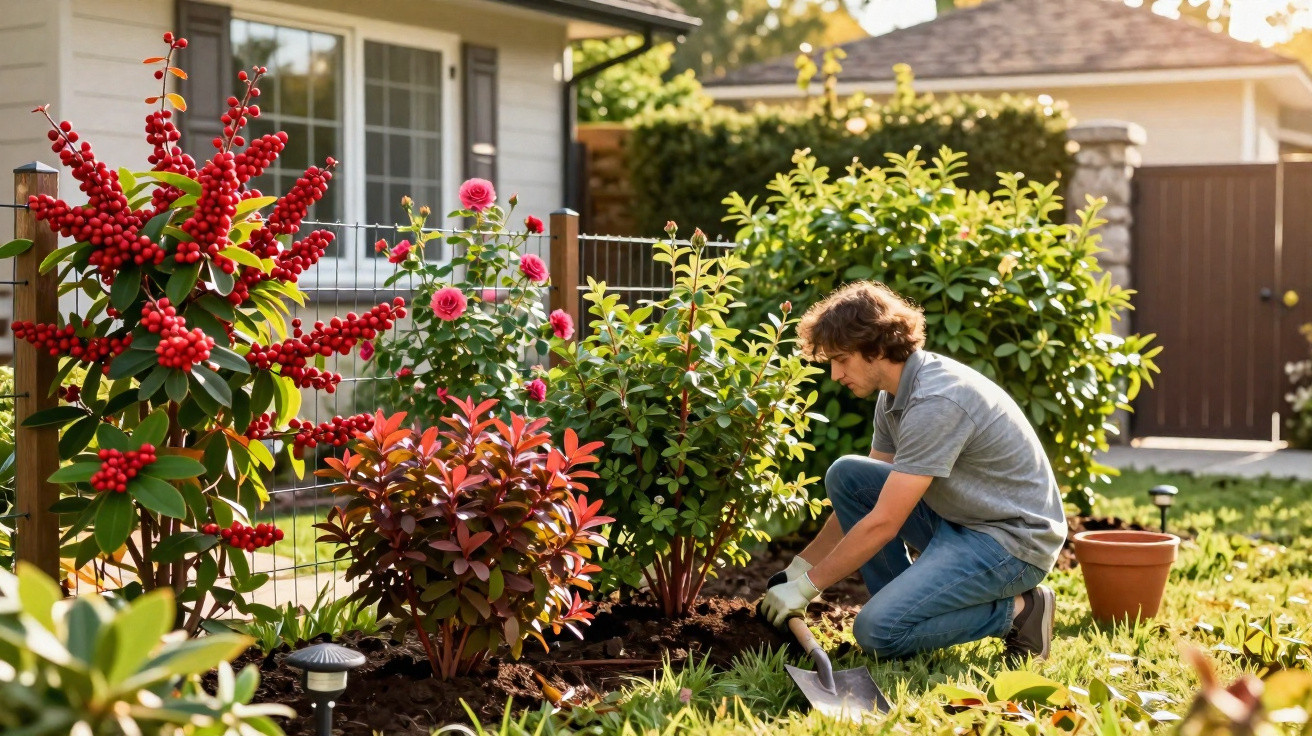 Man kneeling and gardening among colourful plants and flowers in a sunny residential garden.