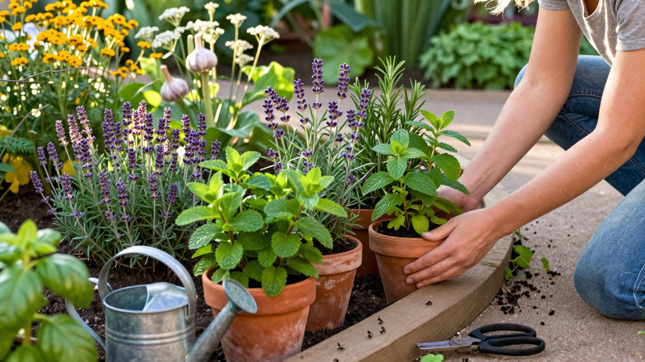Person planting herbs in terracotta pots in a garden bed with flowers and gardening tools nearby.