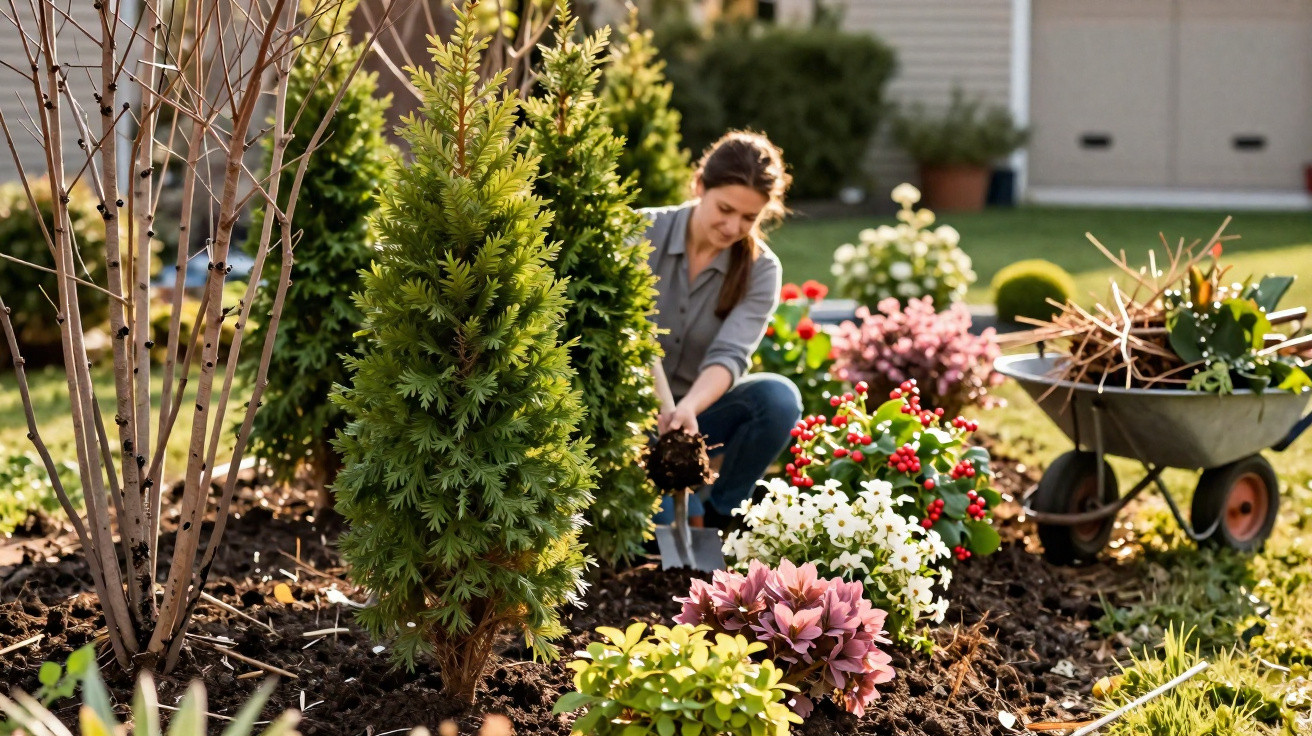 Woman planting flowers in a garden bed surrounded by small evergreen trees and a wheelbarrow.