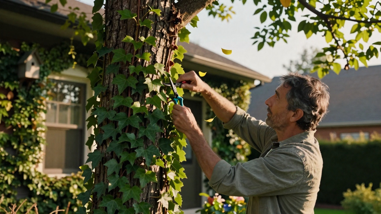 Man trimming ivy growing on a tree trunk in a sunny garden near a house.