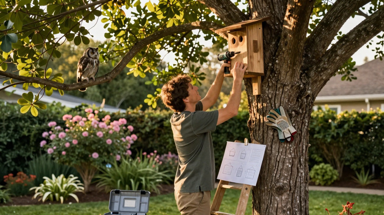Young man installing a wooden birdhouse on a tree in a garden with an owl perched nearby.