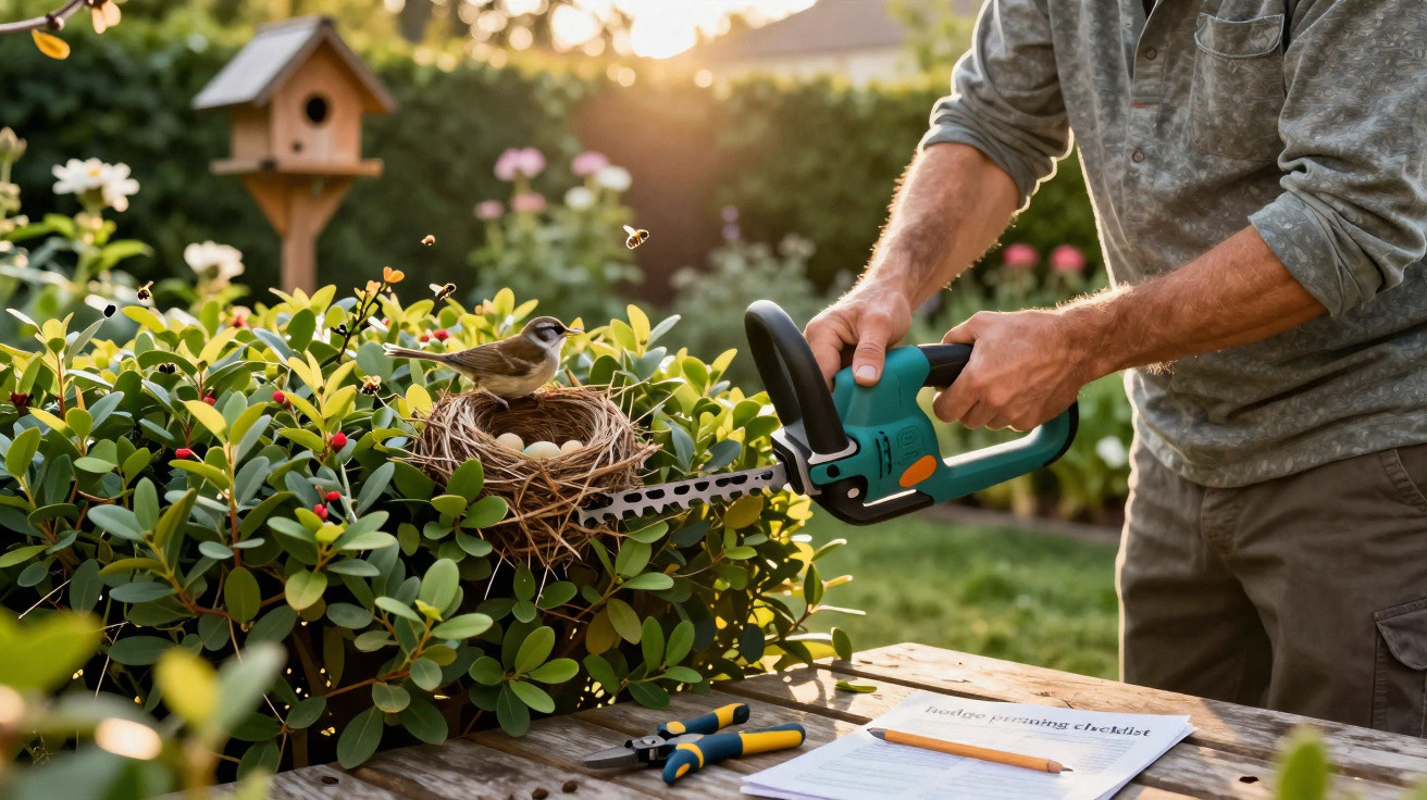 Man using electric hedge trimmer near a bird’s nest with eggs on a bush in a garden.