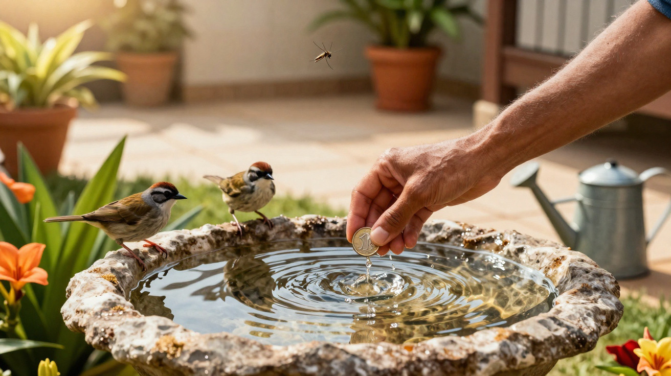 A hand dropping a coin into a birdbath with two small birds perched and a mosquito flying nearby in a garden.