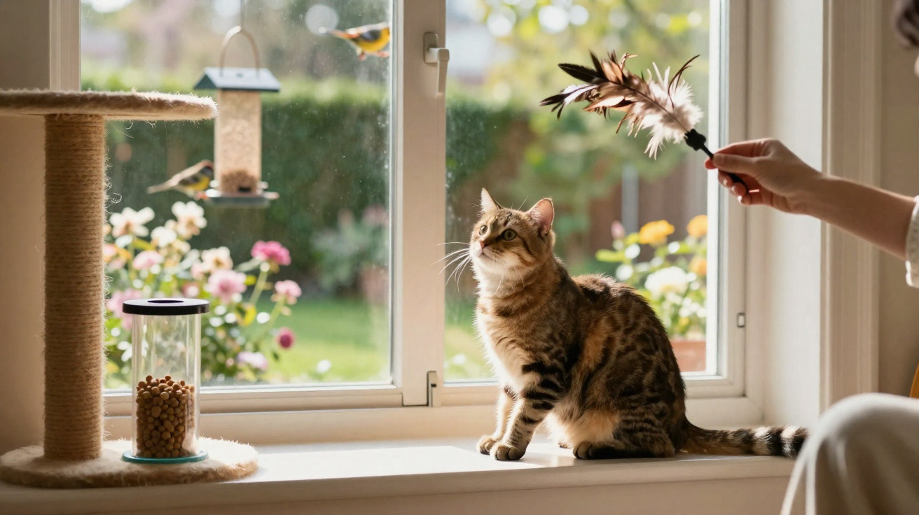 Tabby cat sitting on a windowsill watching a hand holding feather toy with a bird feeder outside.