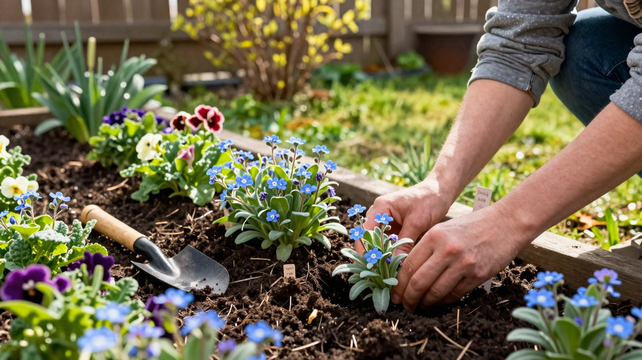 Hands planting blue flowers in a garden bed with a small gardening trowel nearby on soil.