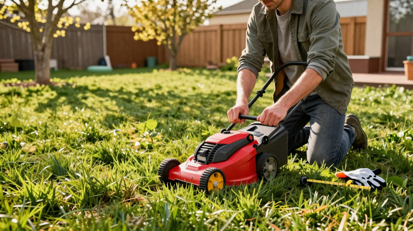 Person kneeling on grass preparing to mow with a red lawn mower in a sunny backyard.