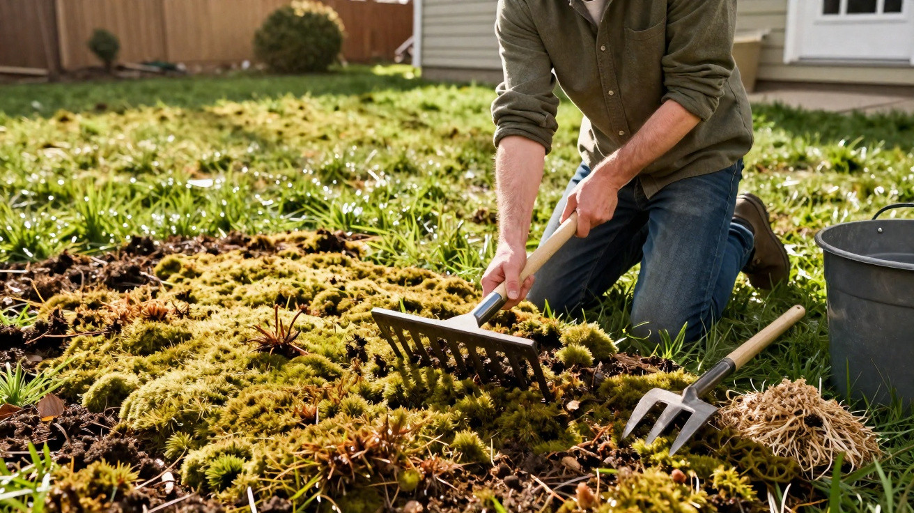 Person using a garden rake to clear moss from a garden bed with gardening tools nearby on grass.