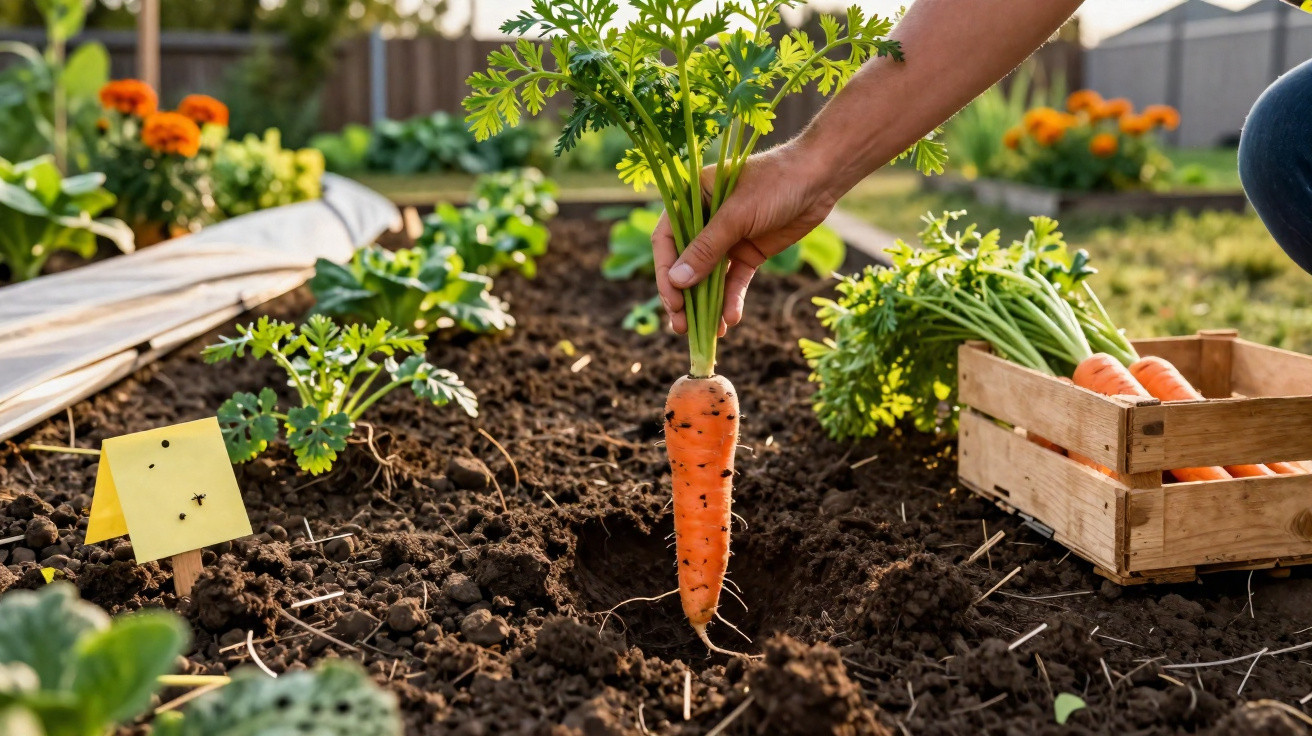 Hand pulling a fresh carrot from soil in a vegetable garden with a wooden crate of carrots nearby.