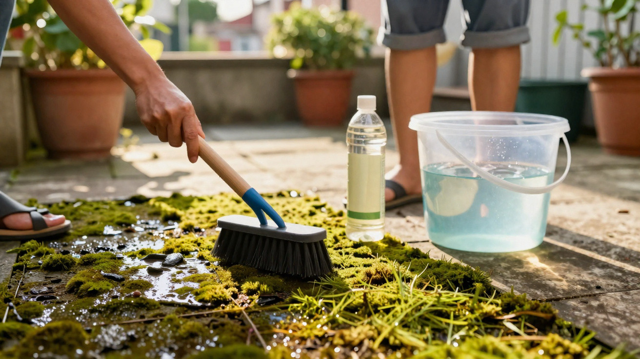 Person cleaning moss and leaves from a stone patio using a brush, with a bucket of water and cleaning solution nearby.