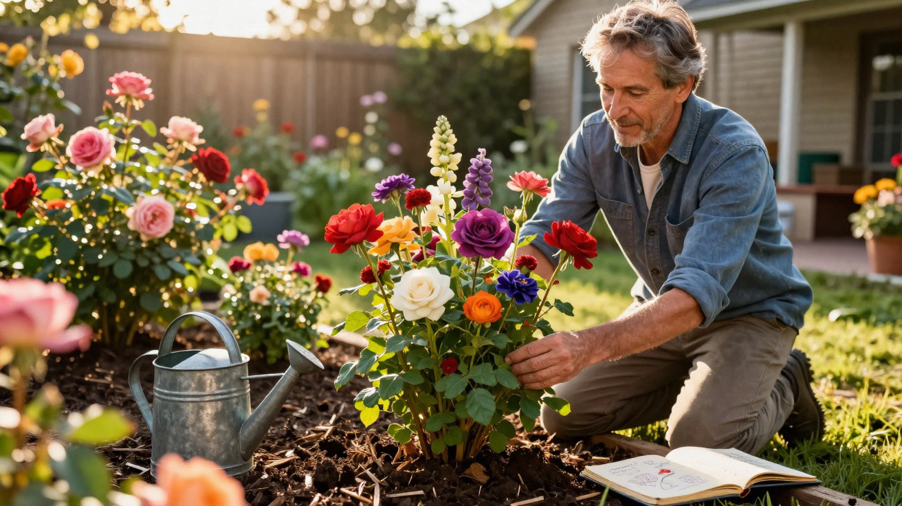 Middle-aged man tending a colourful flower bush in a sunlit garden with a watering can and open book nearby.