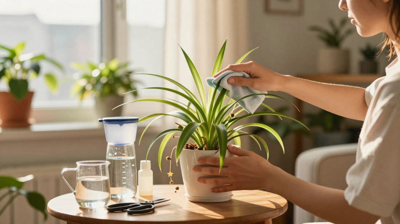 Person cleaning green potted plant leaves with cloth on wooden table near window in bright room.