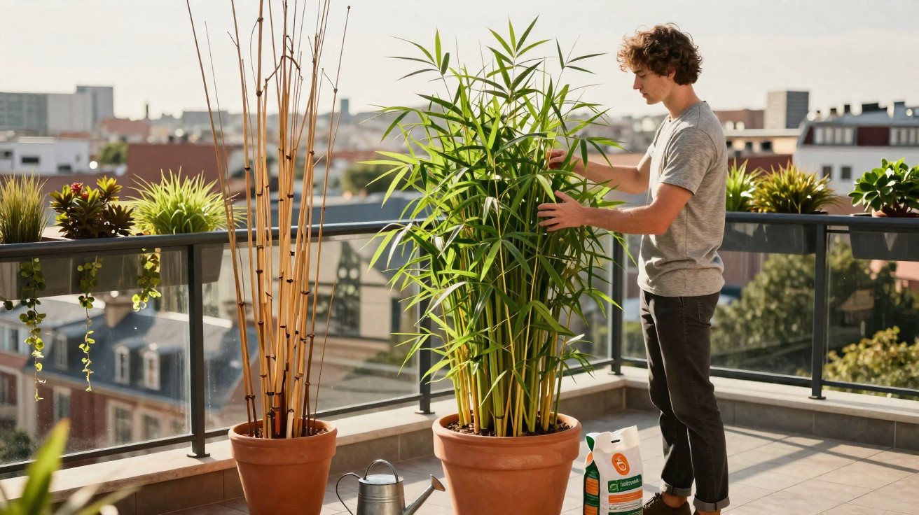 Man tending to tall potted plants on a balcony overlooking a cityscape on a sunny day.
