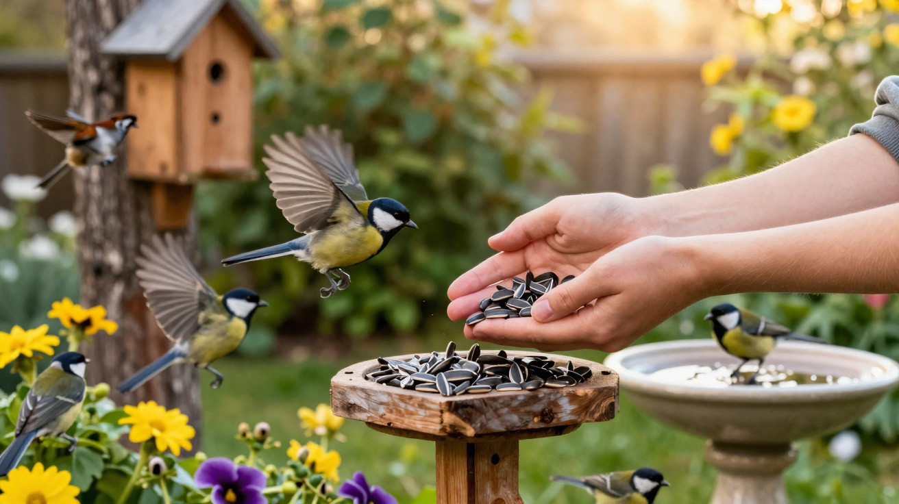 Hands offering sunflower seeds to great tits flying around a wooden bird feeder in a garden.
