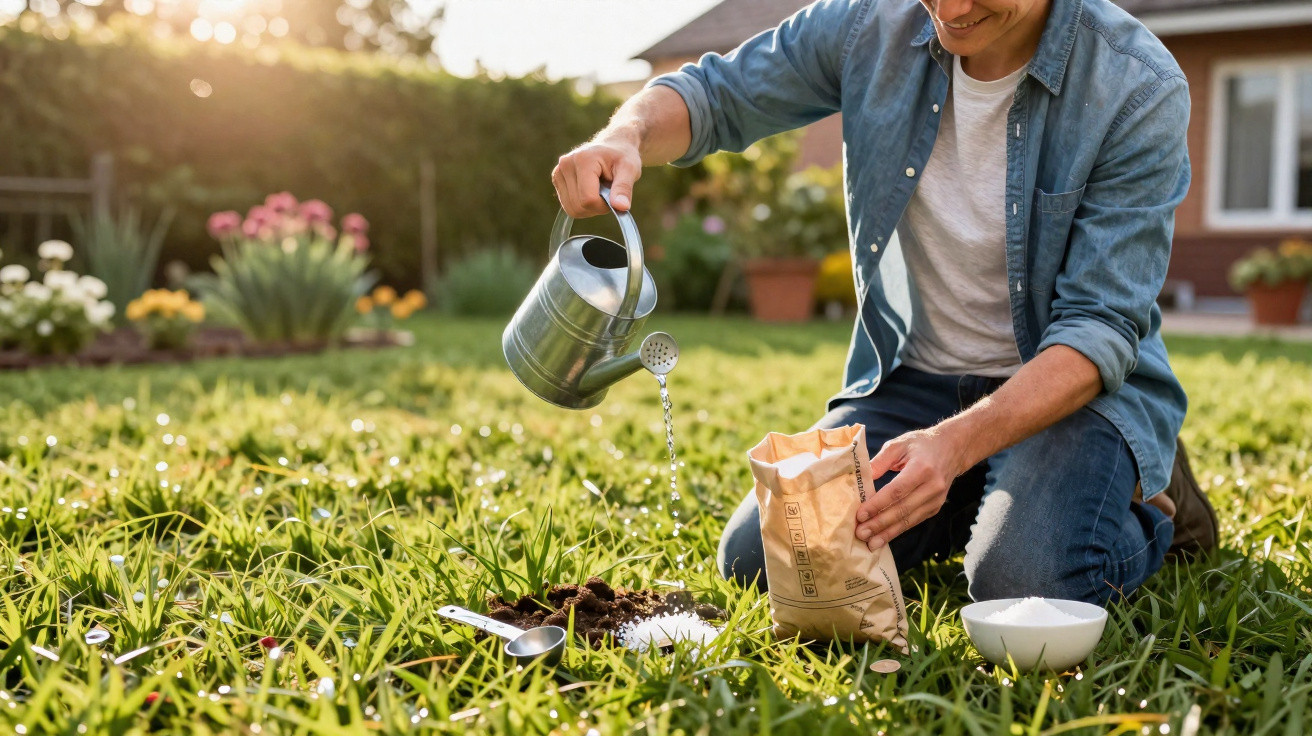 Person kneeling on grass watering soil with a metal watering can in a sunny garden.