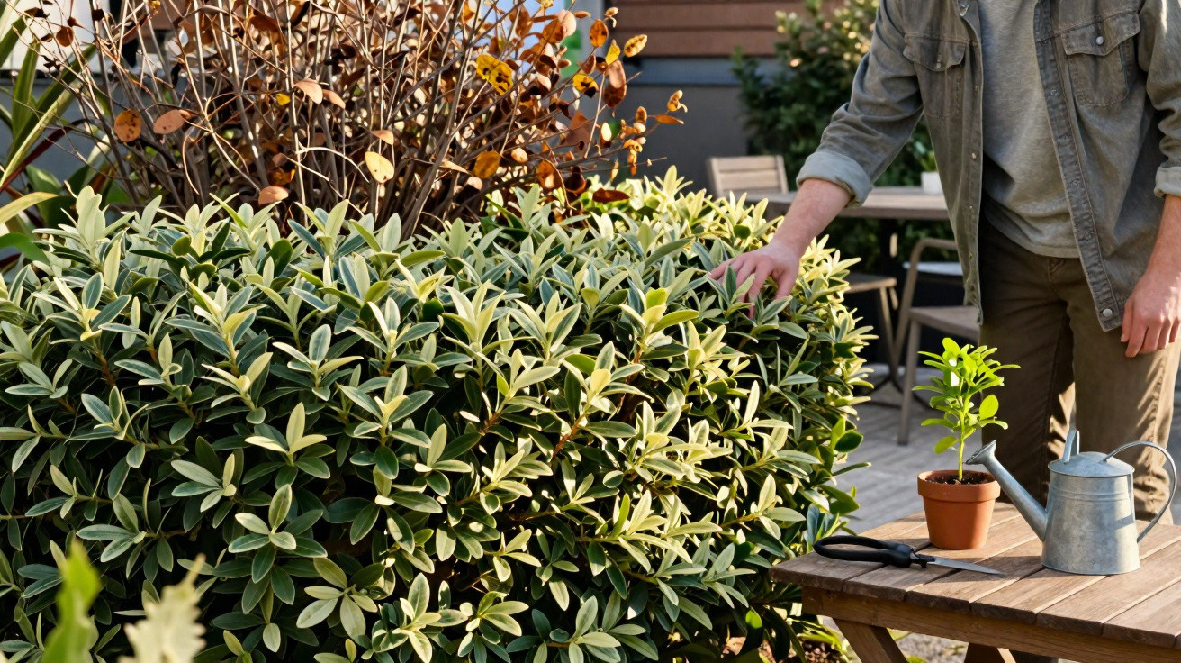 Person tending to a variegated shrub next to a wooden table with a small plant, watering can, and garden shears.