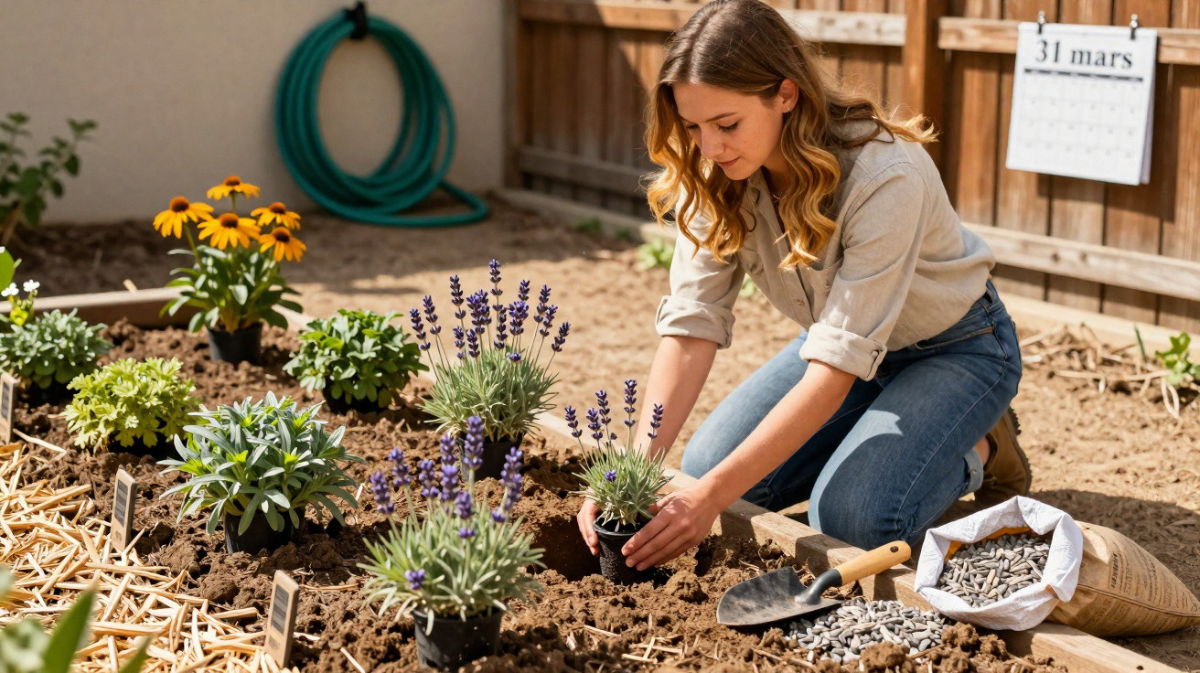 Woman planting lavender in a garden bed with other flowers and gardening tools on 31 March.