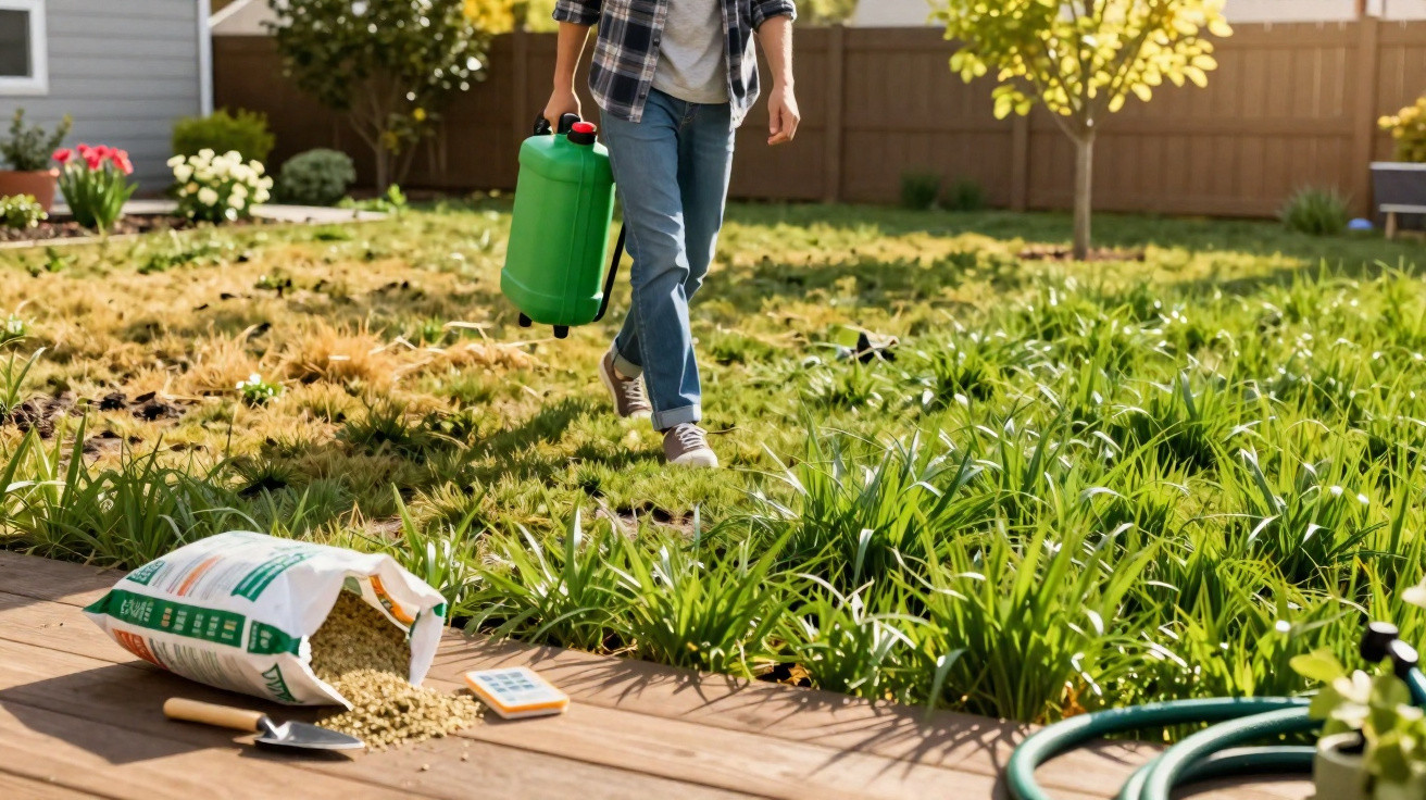 Person walking on patchy lawn carrying green watering container with gardening supplies on wooden deck nearby