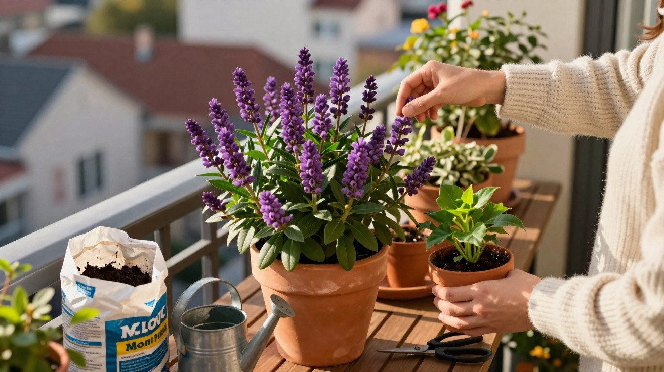 Person tending to potted lavender and other plants on a wooden balcony table in daylight.