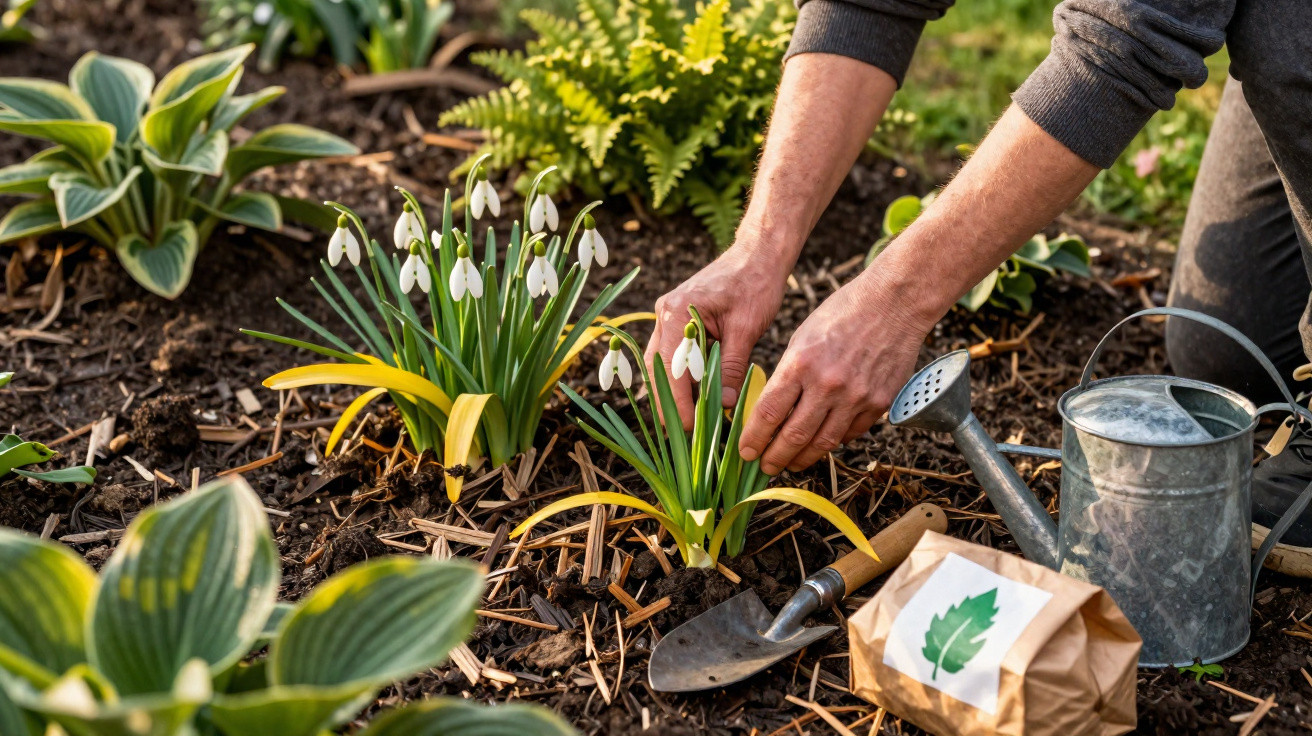 Hands planting snowdrop flowers in soil with watering can, trowel, and seed packet nearby in garden bed.