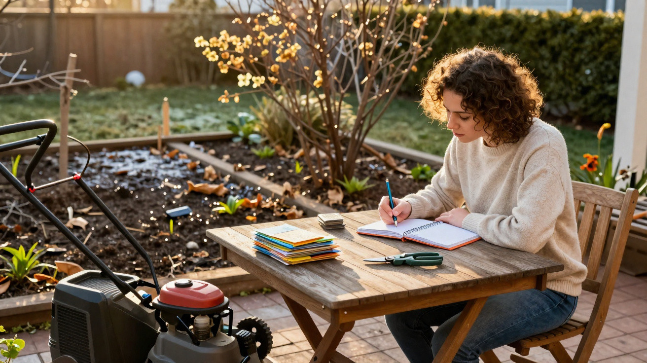 Young woman sitting at a wooden table outdoors, writing in a notebook with gardening tools and lawnmower nearby.