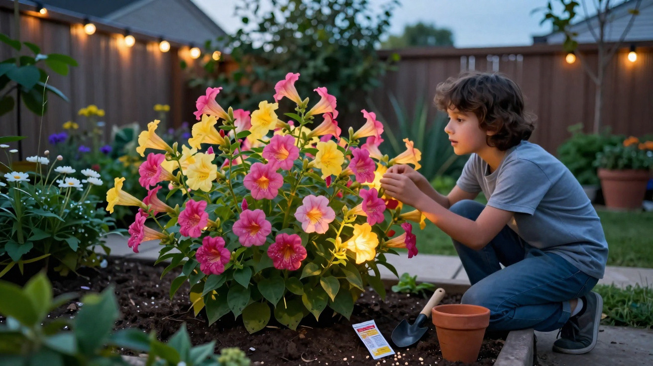 Child in a garden tending to pink and yellow flowers at dusk with string lights in the background.