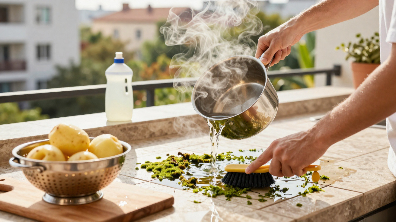Hands cleaning a steaming countertop with a pot of hot water, scrubbing green leafy food residue away.