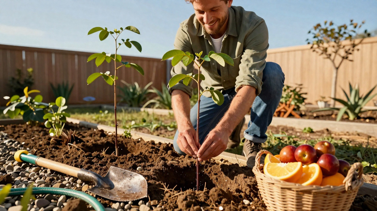 Man planting small tree seedlings in garden with gardening tools and basket of fruit nearby