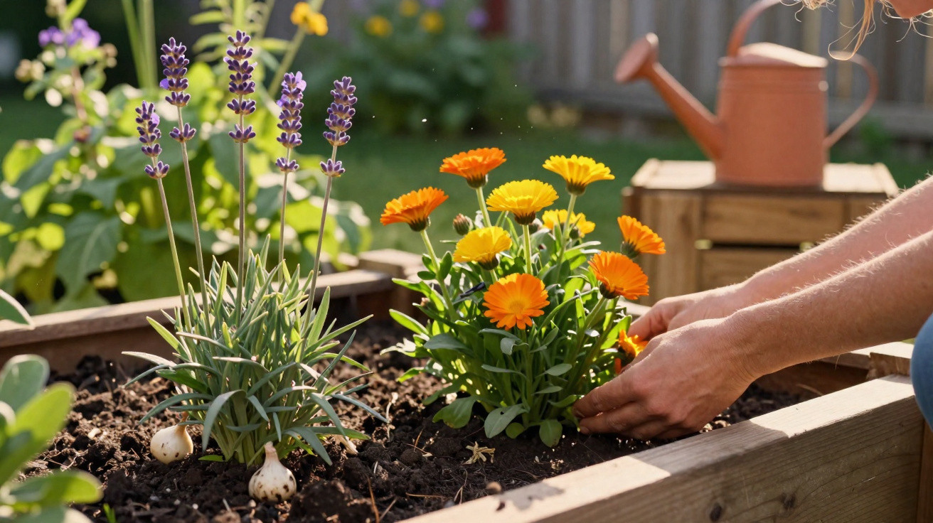 Hands tending to orange and yellow marigold flowers and purple lavender in a raised garden bed on a sunny day.
