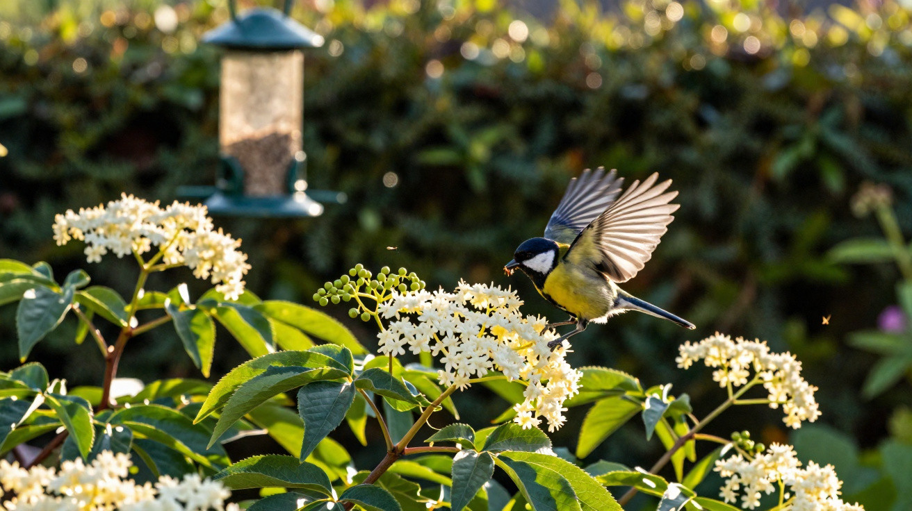 Great tit bird in mid-flight feeding on white flowers with bird feeder and green foliage in background.
