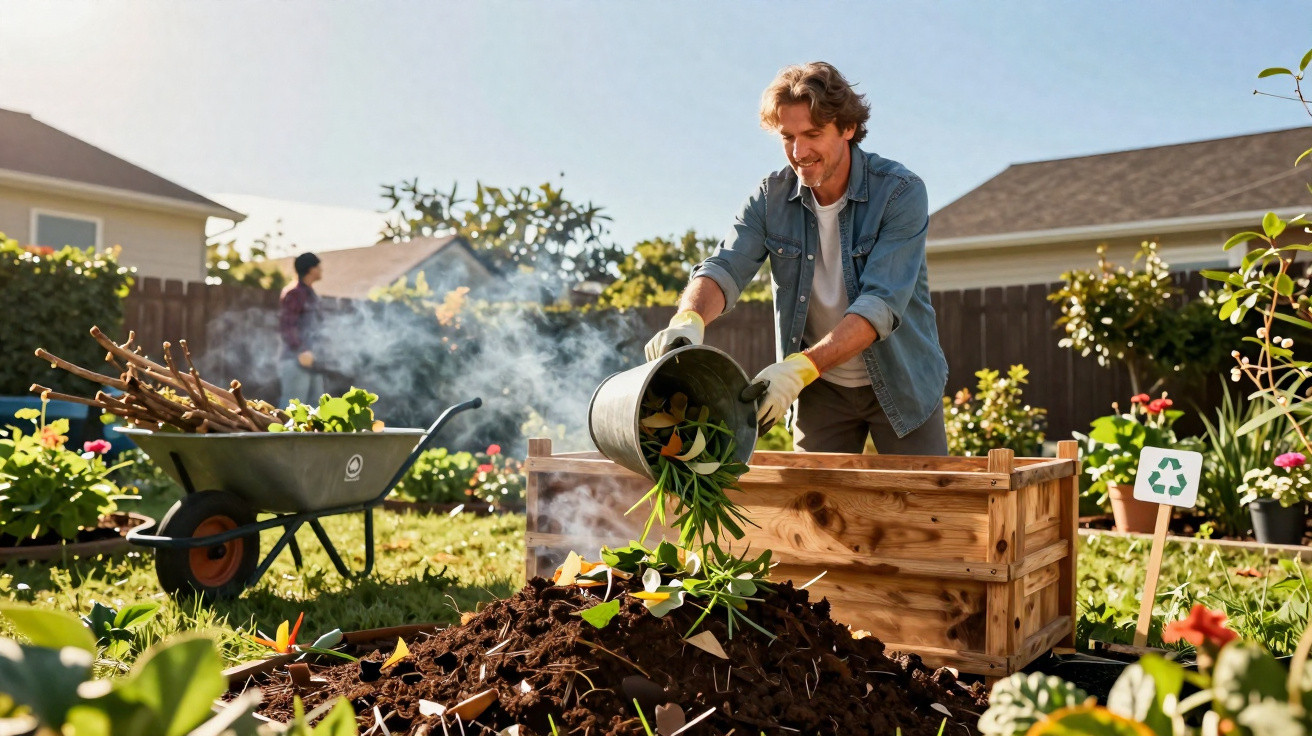Man adding organic waste to a smoking compost bin in a sunny garden with plants and wheelbarrow nearby